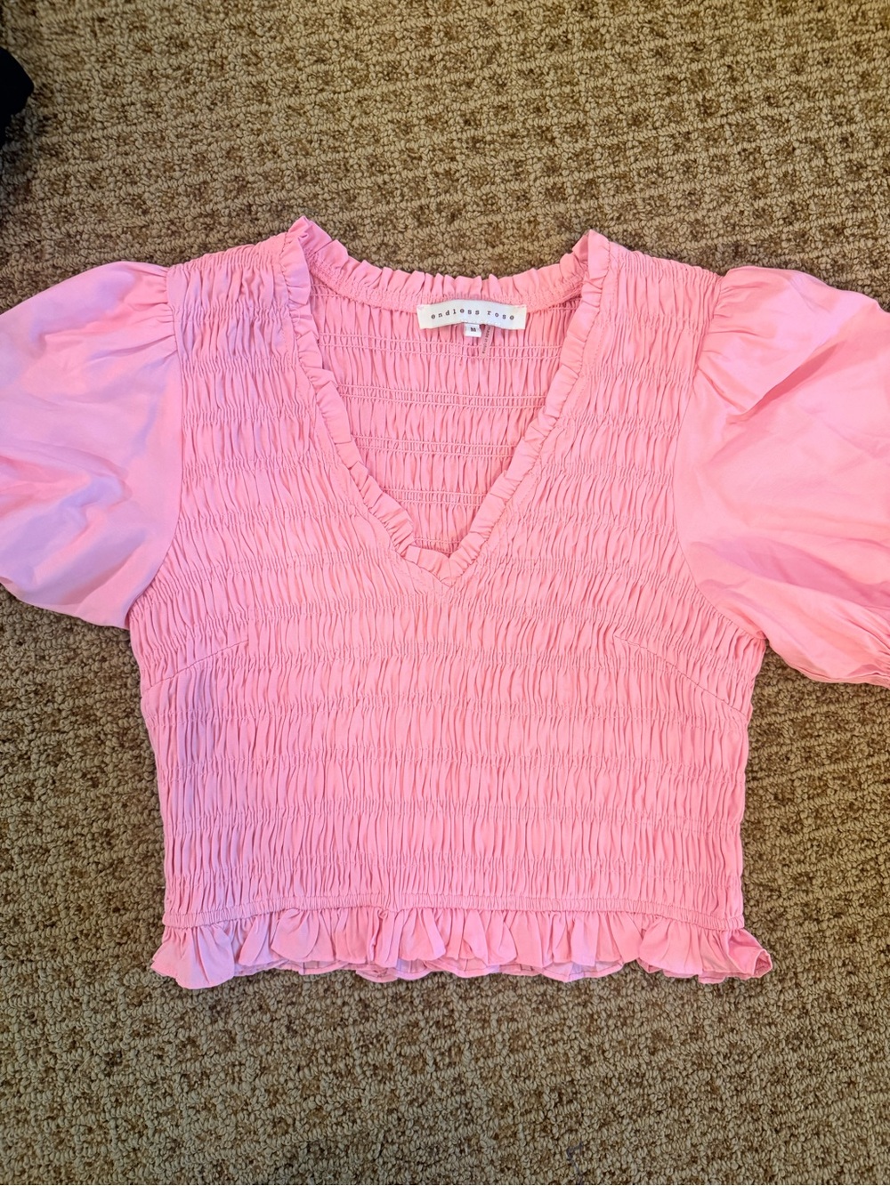 Endless Rose Pink Smocked V-Neck Puff Sleeve Crop Top